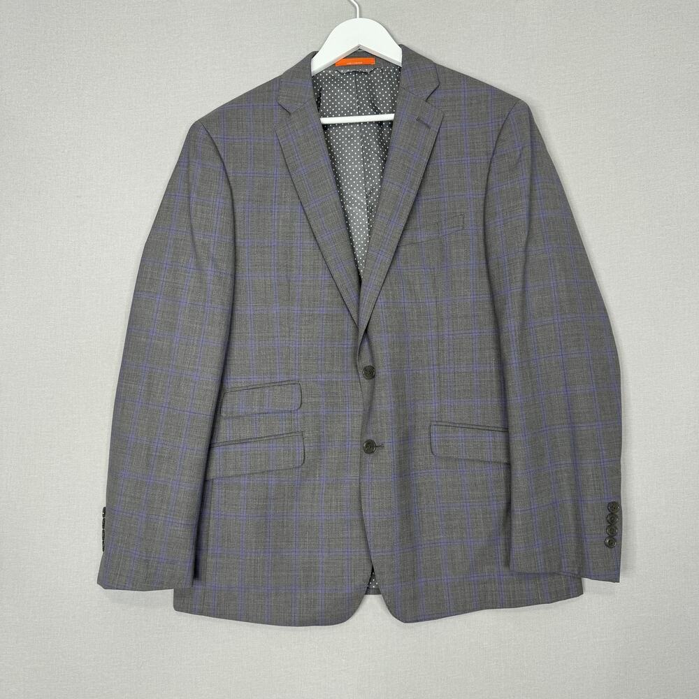 Tallia Blazer Mens 44R Gray Blue Plaid Wool Two Button Sport Coat Jacket Formal